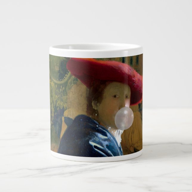 Bubble gum Diva in a red hat blowing a bubble gum Large Coffee Mug (Front)