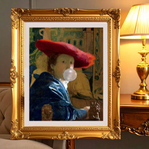 Bubble gum Diva in a red hat blowing a bubble gum Poster