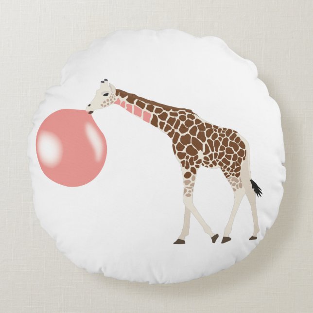 Bubble Gum Giraffe Blowing Bubble Round Pillow (Front)