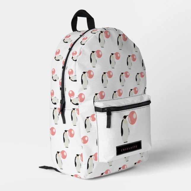 Bubble Gum Penguin Blowing Bubble Custom Name Printed Backpack (Back Corner Left)