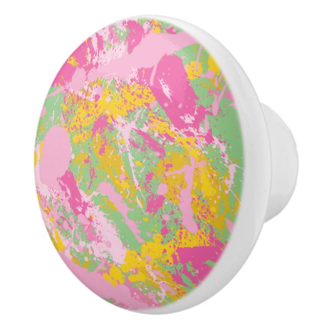 Bubble Gum Pink and Green Paint Splatter Ceramic Knob (Right)