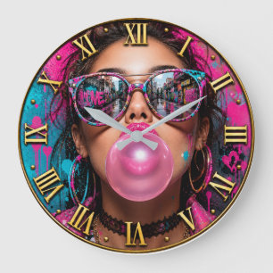 Bubble Gum Queen Luxury Fashion Woman Portrait  Large Clock