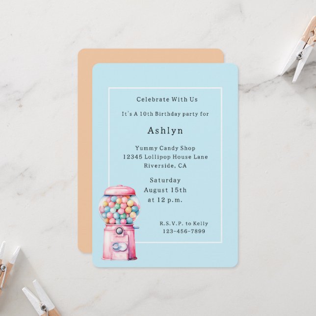 Bubble Gum Whimsical Birthday Invitation (Front/Back In Situ)