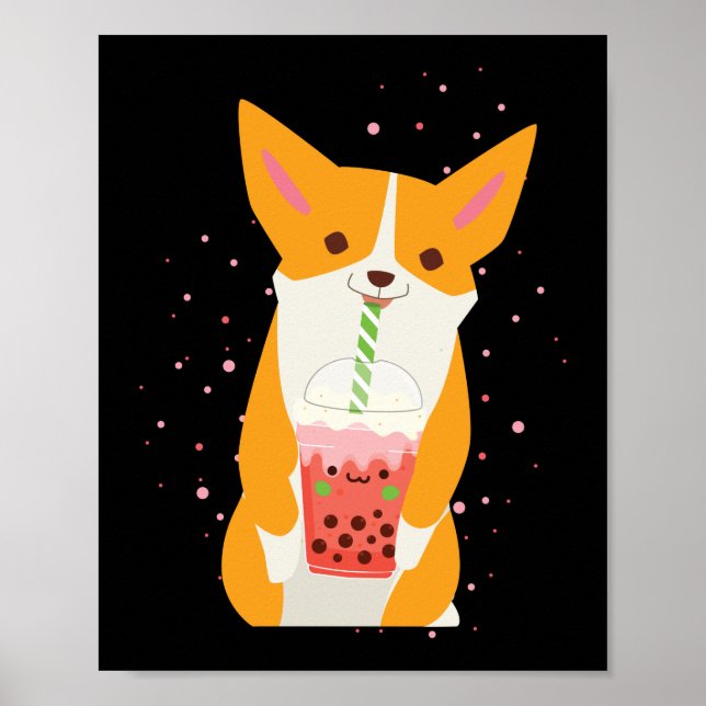 Bubble Kawaii Corgi Drinking Boba Tea Dog Poster (Front)