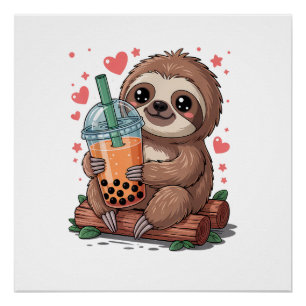 Bubble Kawaii Sloth Drinking Boba Tea T-Shirt Poster