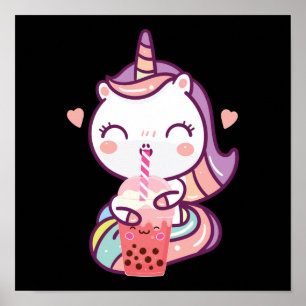 Bubble Kawaii Unicorn Drinking Boba Tea Poster