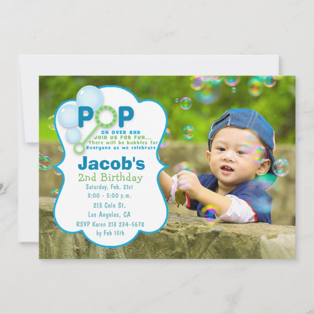 Bubble Pop Boy Photo Birthday Party Invitation (Front)