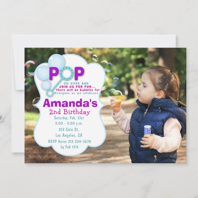 Bubble Pop Girl Photo Birthday Party Invitation (Front)