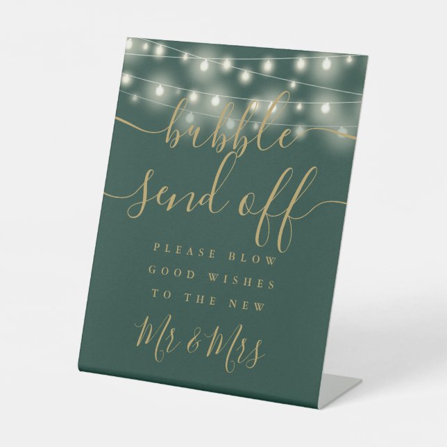 Bubble Send Off String Lights Green And Gold Pedestal Sign (Front)