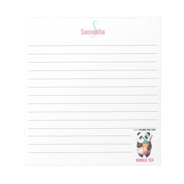 Bubble tea boba pearl tea panda personalized lined notepad (Front)