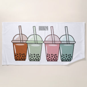 Bubble tea cartoon illustration beach towel