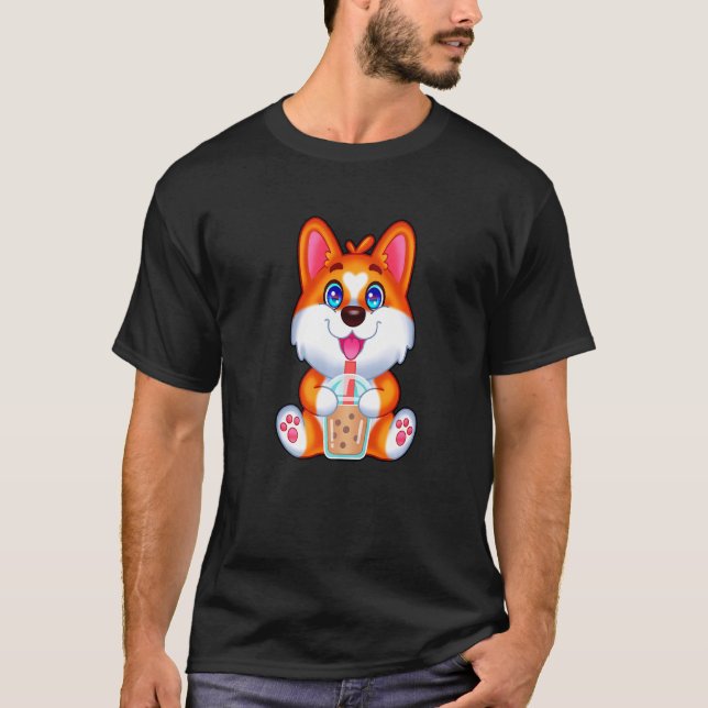 Bubble Tea Drinker Corgi  Tapioca Pearl Milk Corgi T-Shirt (Front)