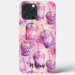 Bubble tea pink purple watercolor Name iPhone 13 Pro Max Case