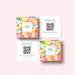 Bubble Tea Rainbow Pink Orange Green QR Code Square Business Card