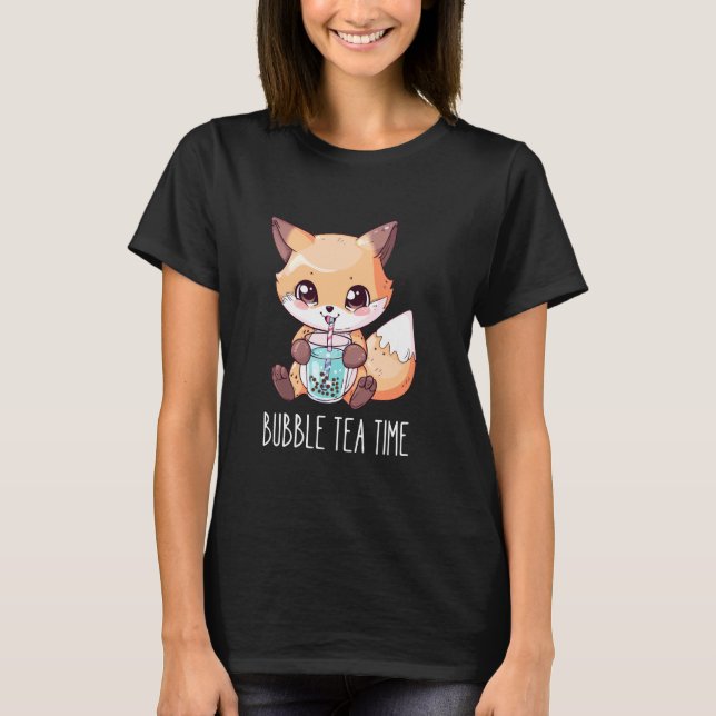 Bubble Tea Time - Cute Fox Drinking Boba Tea T-Shirt (Front)