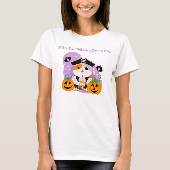 Bubble Tea with Pirate Kawaii Cat Halloween Fun T-Shirt (Front)