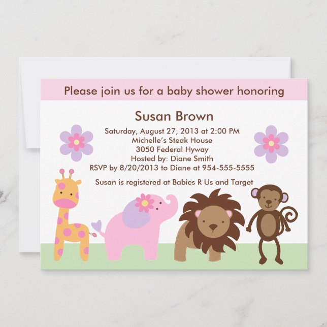 Bubblegum Jungle Animals Baby Shower Invitation (Front)