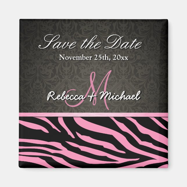 Bubblegum Pink & Black Zebra Stripes Save the Date Magnet (Front)