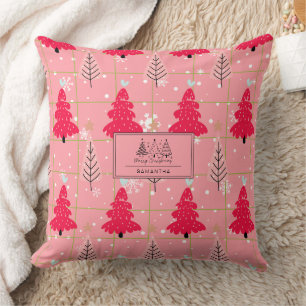 Bubblegum Pink Christmas Tree Snowflake Throw Pillow