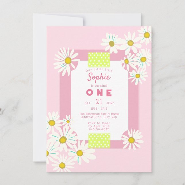 Bubblegum Pink Daisies Frame Little Miss One Bday Invitation (Front)