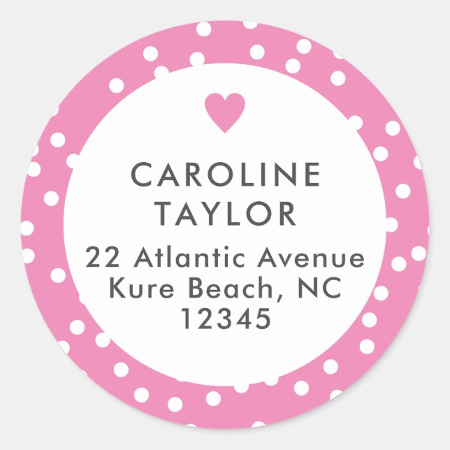 Bubblegum Pink Heart & Dots Cute Girly Address Classic Round Sticker (Front)