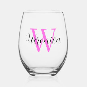 Bubblegum Pink Initial and Black Name   Elegant Stemless Wine Glass
