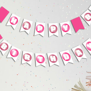 Bubblegum Pink Poppin Girl Happy Birthday Party Bunting Flags