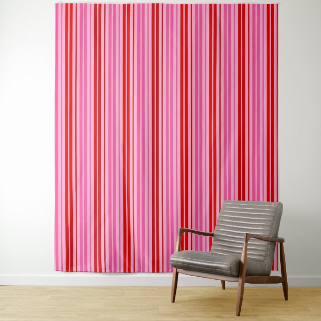 Bubblegum Pink Red Vertical Stripes Design   Tapestry (In Situ)