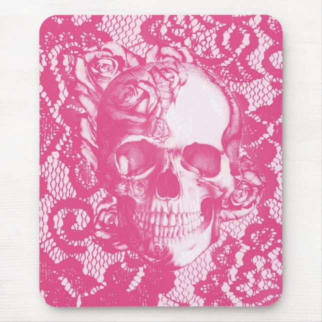Bubblegum Pink rose skull on lace Mouse Pad (Front)