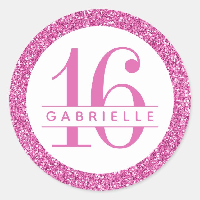BubblegumPink Glitter Birthday Favour Sticker Labe (Front)