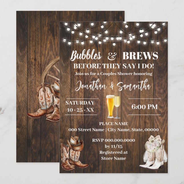 Bubbles and Brews Before I do Country Wedding Invitation (Front/Back)