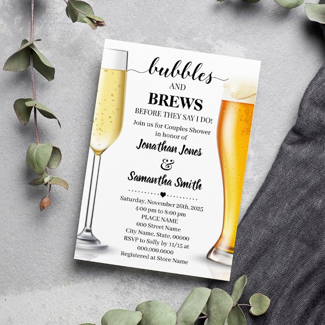 Bubbles and brews before I do couples shower Invitation (Bubbles and Brews before I do Couples Shower Invitation, Champagne and Beers Minimalist Wedding)