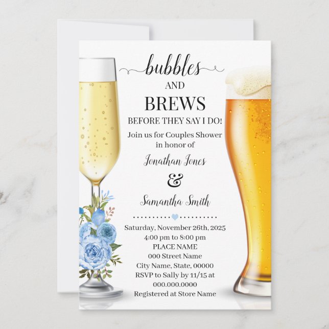 Bubbles and brews before I do wedding shower blue Invitation (Front)