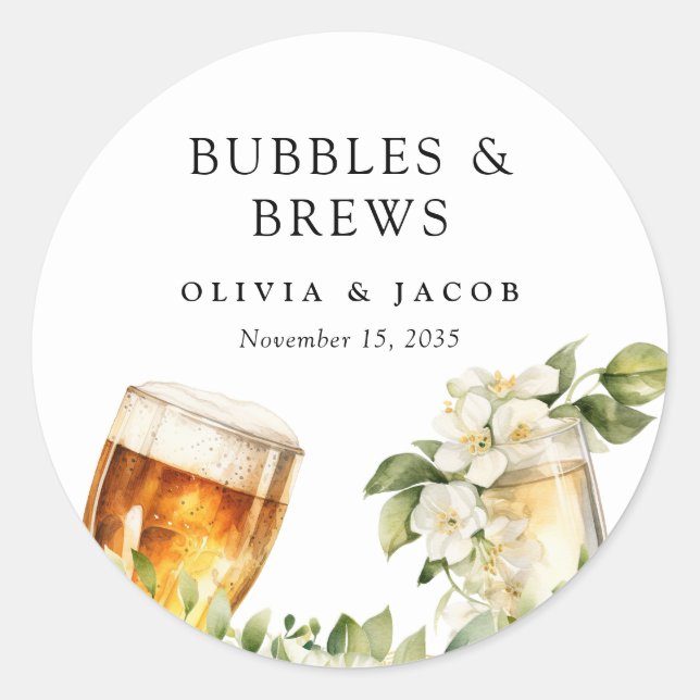 Bubbles and Brews Couples Shower Classic Round Sticker (Front)