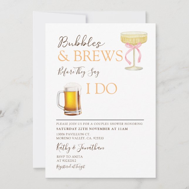Bubbles and Brews Couples Wedding Shower Invitation (Front)