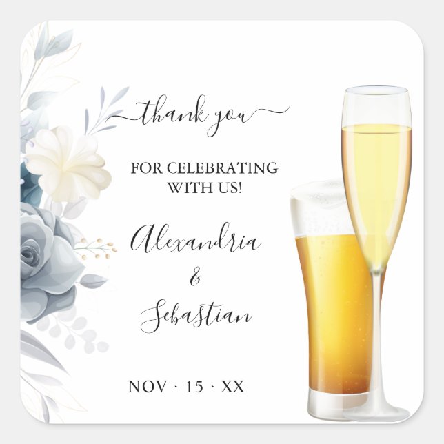 Bubbles and Brews Thank You Roses Wedding  Square Sticker (Front)