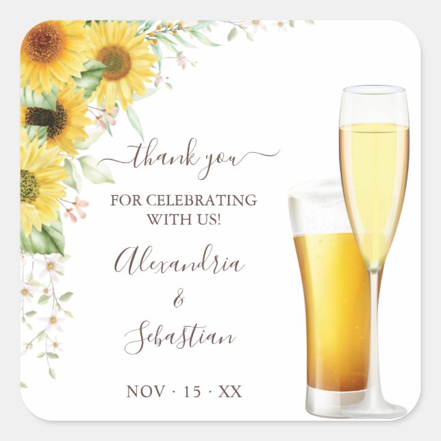 Bubbles and Brews Thank You Sunflower Wedding Square Sticker (Front)