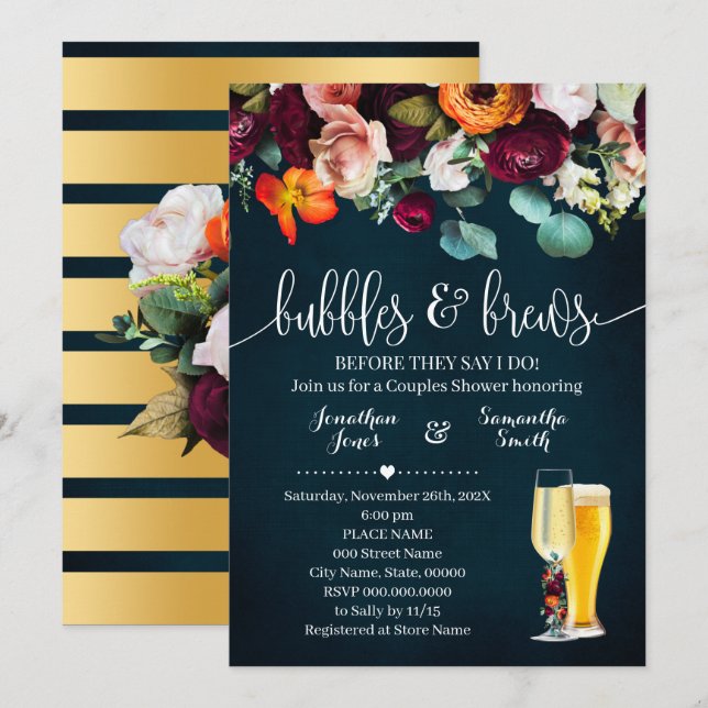 Bubbles and Brews Wine Flowers Blue Wedding Shower Invitation (Front/Back)
