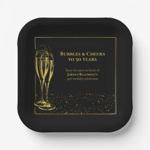 Bubbles and Cheers Black Gold 50th Birthday Party Paper Plate