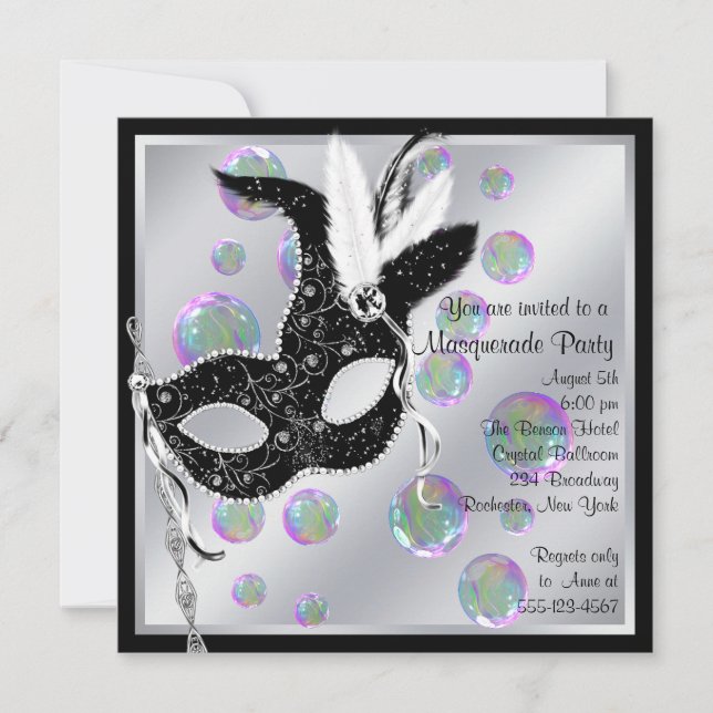 Bubbles Black and White Masquerade Party Invitation (Front)