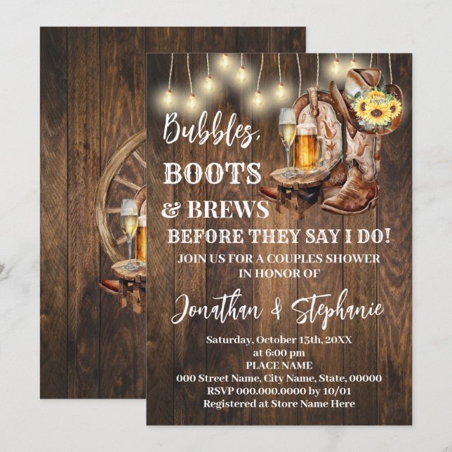 Bubbles Boots & Brew Before I do Sunflower Western Invitation (Front/Back)