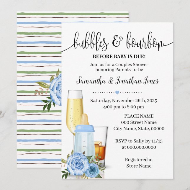 Bubbles & Bourbon before Baby Due Blue Baby Shower Invitation (Front/Back)