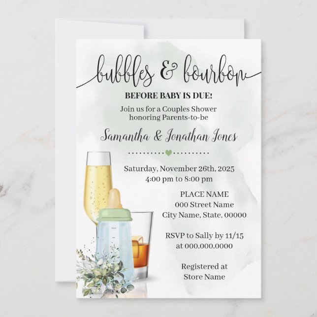 Bubbles & Bourbon Before Baby Due Greenery Shower Invitation (Front)