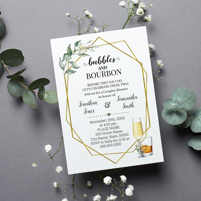Bubbles & Bourbon before I do shower greenery gold Invitation (Creator Uploaded)