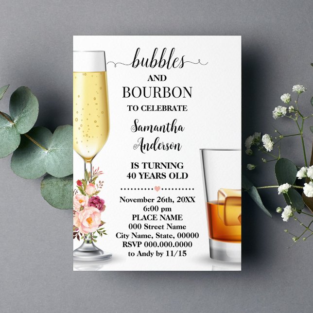 Bubbles & Bourbon Pink Flowers Adults Birthday Invitation (Creator Uploaded)
