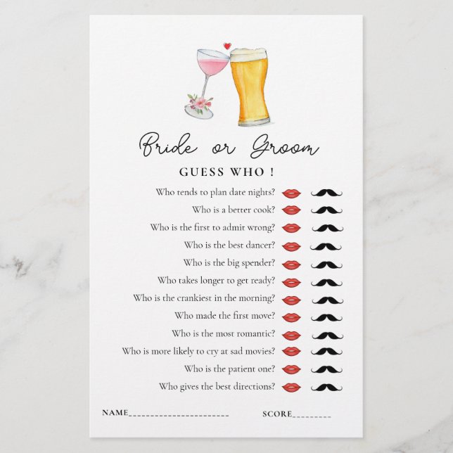 Bubbles & Brew 'Guess Who' Shower game  (Front)