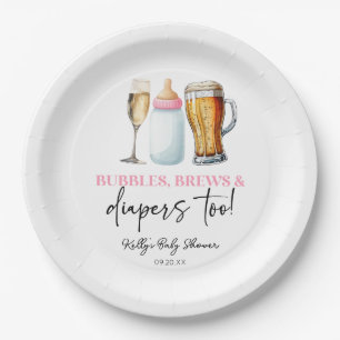 Bubbles Brews and Diapers Too! Baby Shower Paper Plate