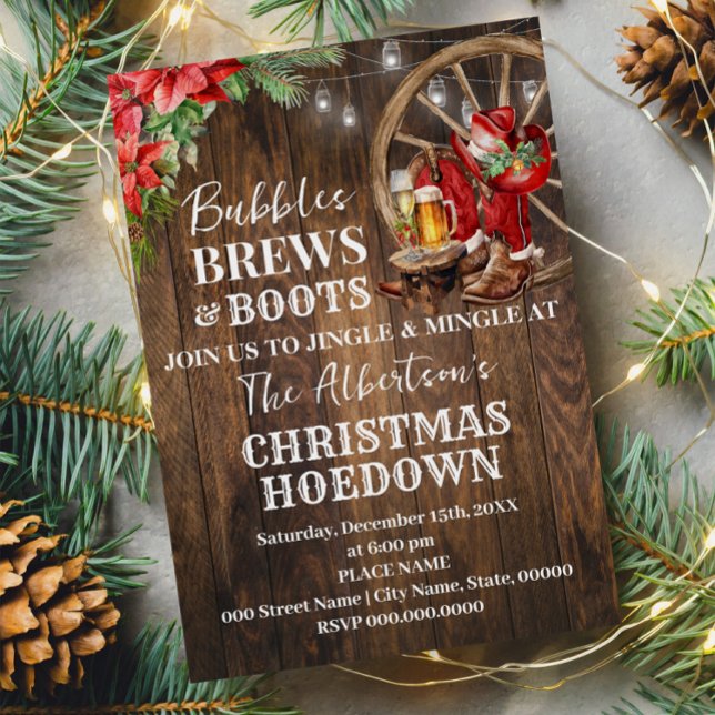 Bubbles Brews & Boots Western Christmas Hoewdown Invitation (Creator Uploaded)