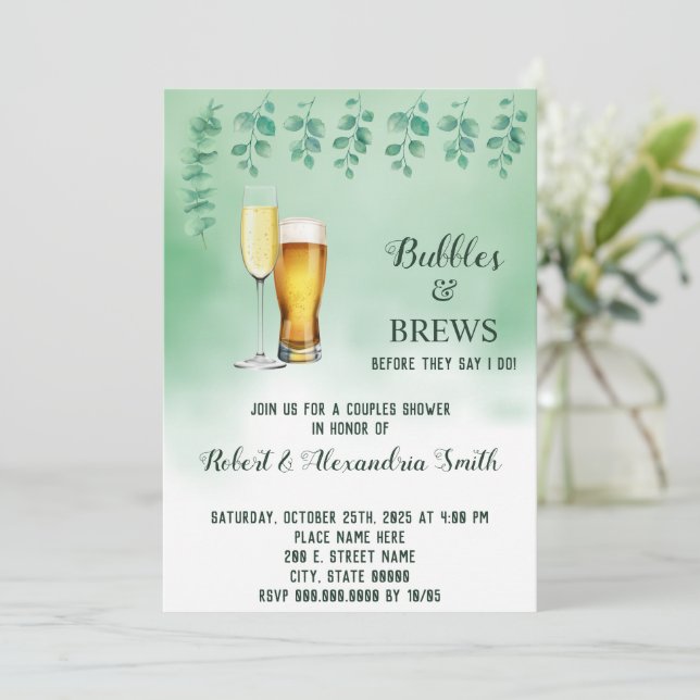 Bubbles & Brews Couples Wedding Shower Eucalyptus Invitation (Standing Front)