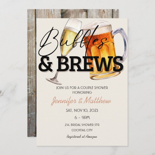 Bubbles Brews Rustic Wood Beer Couples Shower  Invitation (Front/Back)